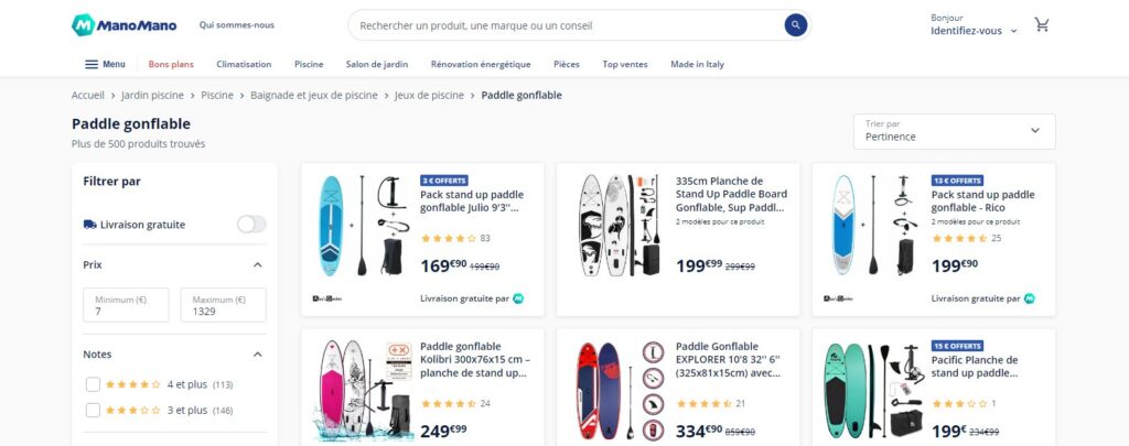 Meilleurs sites pour acheter un stand up paddle gonflable en ligne : ManoMano