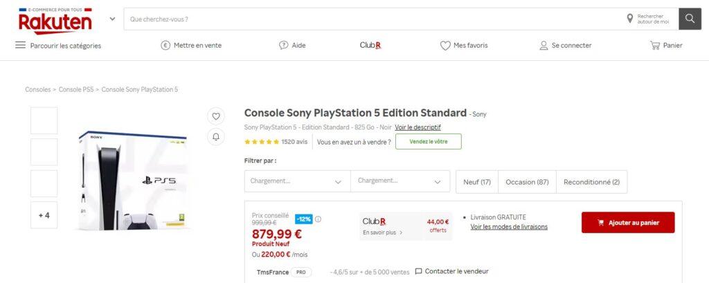 Meilleurs sites pour acheter une PS5 Playstation 5 : Rakuten