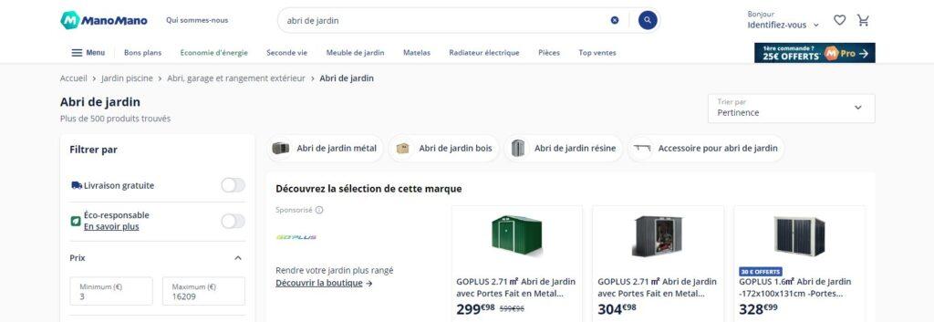 Meilleurs sites de vente d'abri de jardin : ManoMano